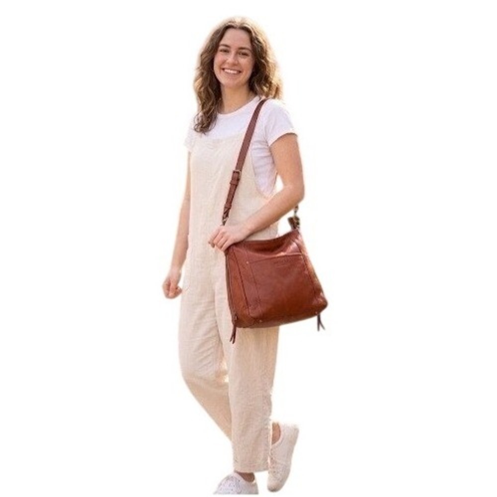 American Leather Co Brandy Brown Pebbled Leather Hobo Crossbody Bag Large